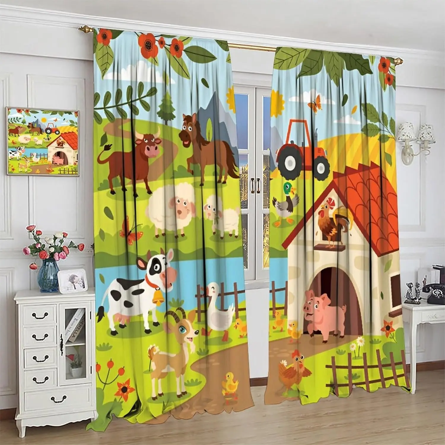 Cartoon Farm Animals Curtains for Kids, Cute Child Farmhouse Country Tractors Sheep Cow Pig Flowers Print Drapes for Boys Girls