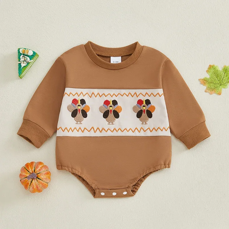 

Осенний комбинезон на День Благодарения для маленьких девочек и мальчиков, толстовка с круглым вырезом и турецкой вышивкой, комбинезон, одежда для новорожденных