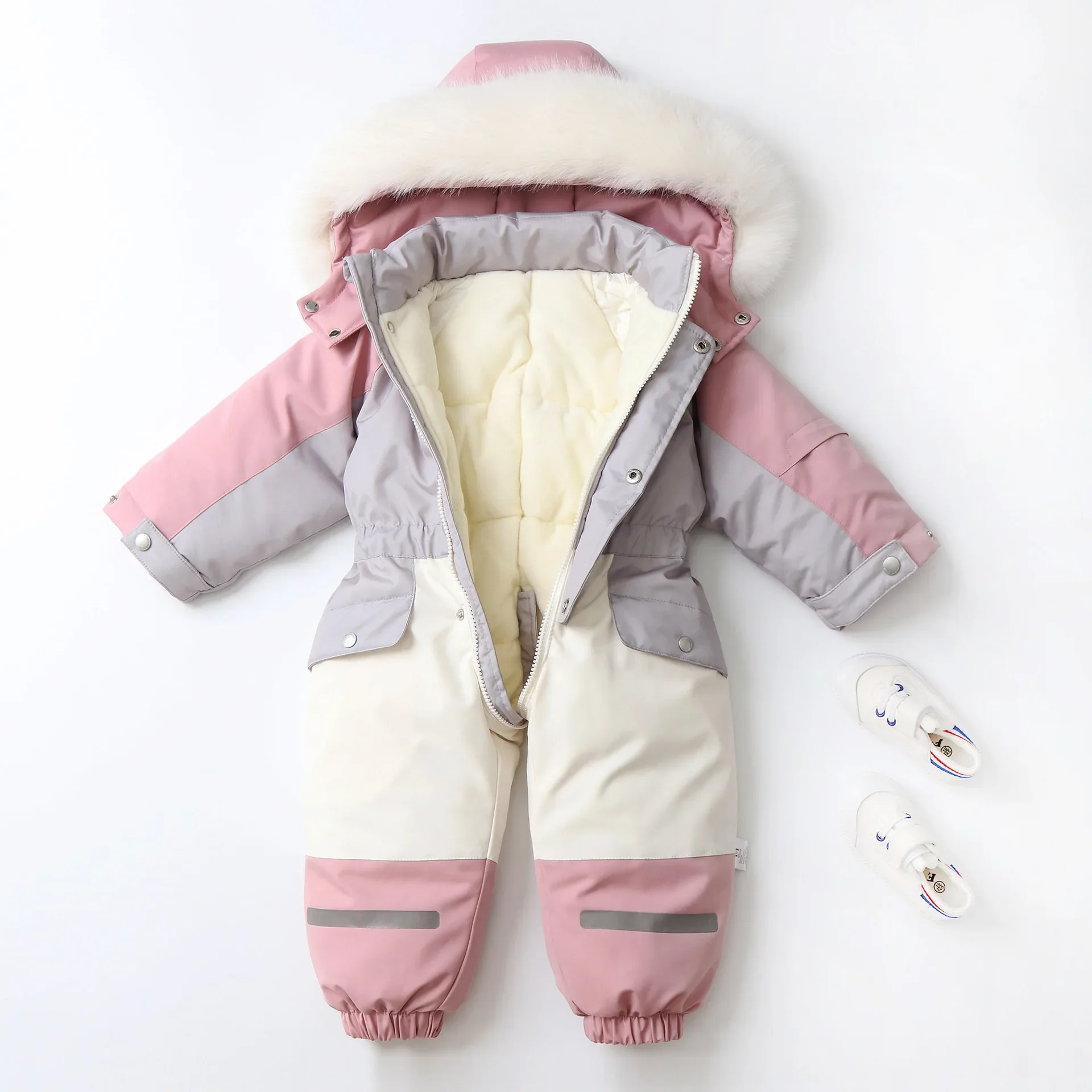 

2024 Winter Childrens Coat Patchwork Snowsuit 2-5 Y Boys Fur Lining Overalls Thicken Kids Hooded Ski Suit Girls Warm Outwear