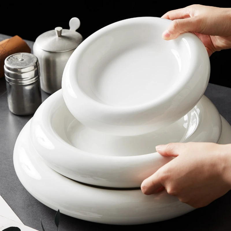 

Round White Glazed Ceramic Western-style Dish Double-layer Ceramic Artistic Conception Disk Cold Dish Plate Hotel Tableware