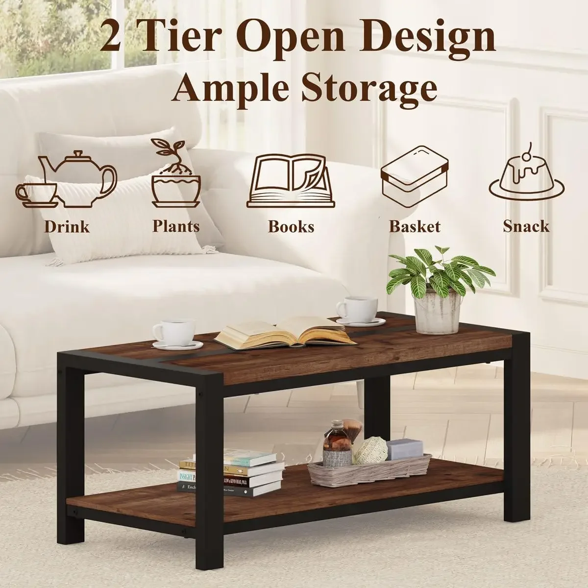 Coffee Table for Living Room, Industrial Wood and Metal Living Room Tables, Rectangular Center Table (Rustic Oak, 43 Inch)