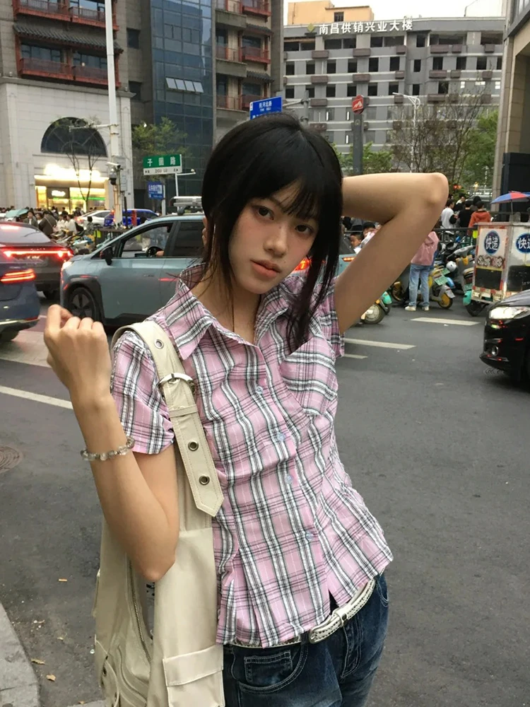 Tonngirls American Retro Plaid Shirt Women Short Sleeve Slim Shirt And Blouse Streetwear Y2k Vintage Tops Japanese 2000s Tshirts image 2