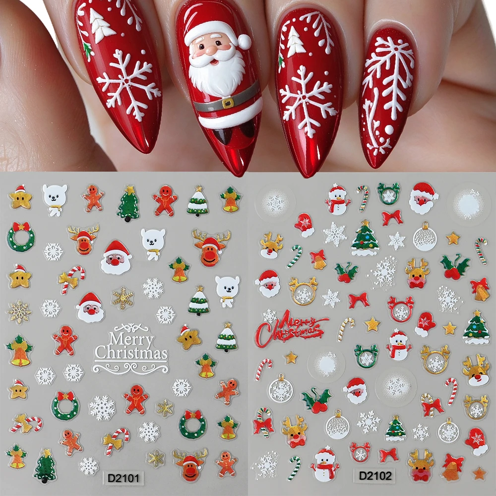 1/3pcs Christmas Epoxy Resin Nail Stickers 3D Self Adhesive Santa Elk Snowflake Gingerbread Nail Decals DIY Xmas Manicure Slider