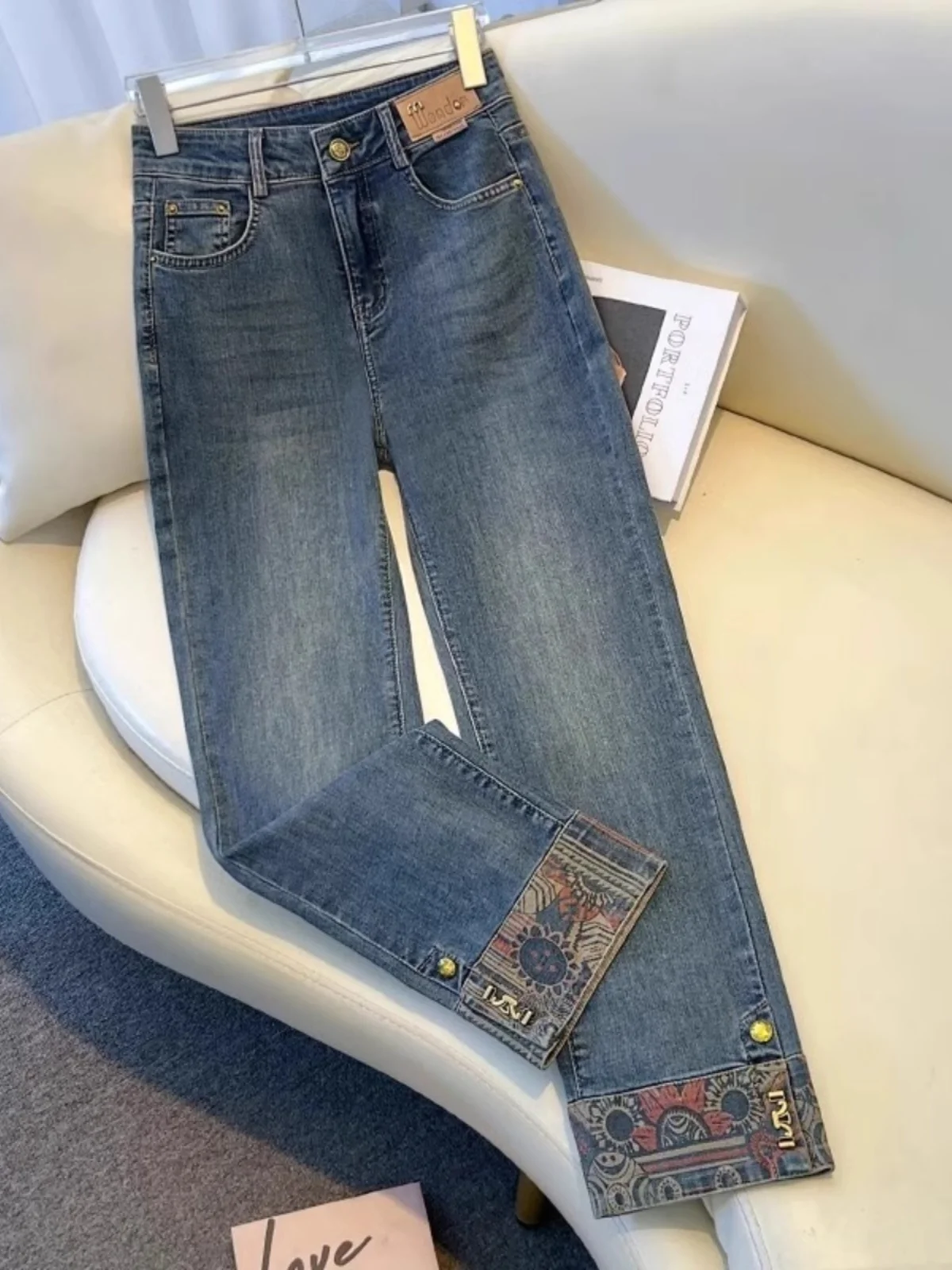 

Новые китайские прямые джинсовые джинсы, женские осенние брюки 2024, маленький размер, девять точек, популярные S National Sle e Tube...