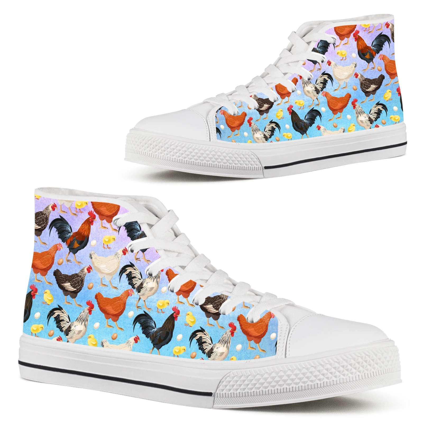 ELVISWORDS White Soft-soled Canvas Shoes Colorful Gradient Cartoon Rooster Hen Chick Designer Shoes Tenis Feminino Frete Gratis