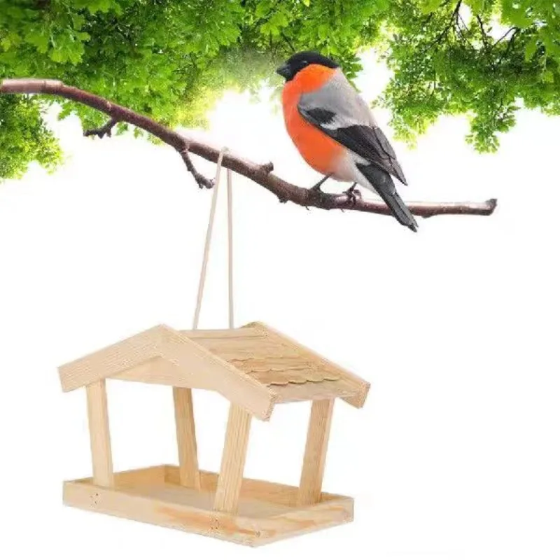Outdoor Wooden Bird Feeder, Automatic Hanging Pet Feeder Balcony Villa Garden Bird Feeding