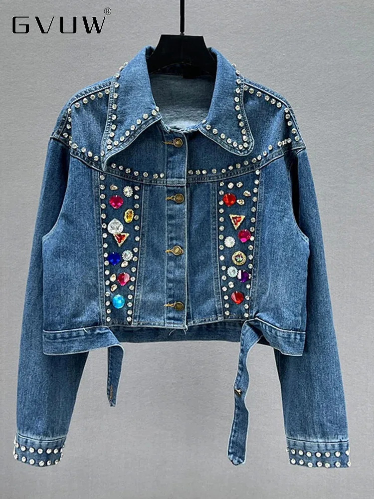 

GVUW Tassel Denim Jackets Women Lapel Beading Hole Single Breasted Full Sleeve Fashion Outwear Female High Street Style 17G7806