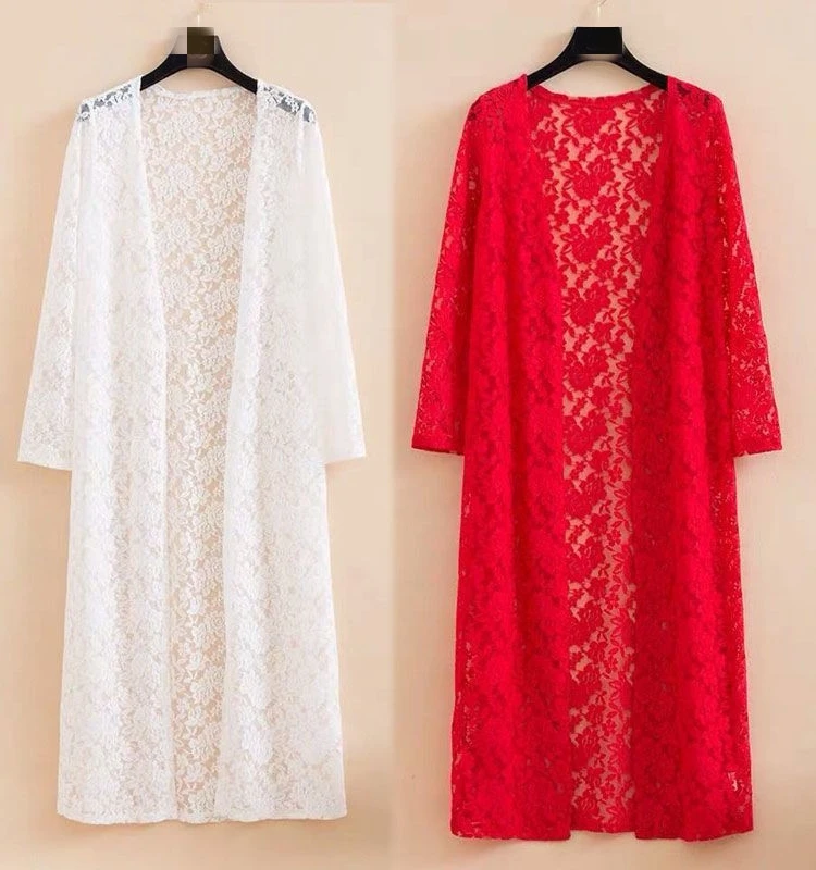 

Mid-Length Lace Cut-Out Open Cardigan Women's Faion V-Ne Long Sve Slim Fit Polyester Pure Color Autumn Season Cardigan