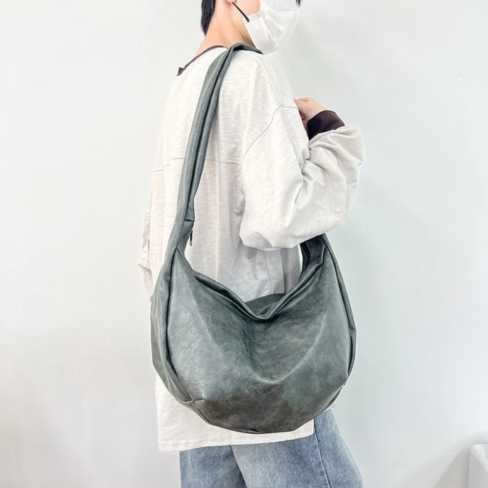 Japanese Style PU Leather Shoulder Bag Multi-Functional Large Capacity Male Dumpling Bag Cool Solid Color Crossbody Bag Travel