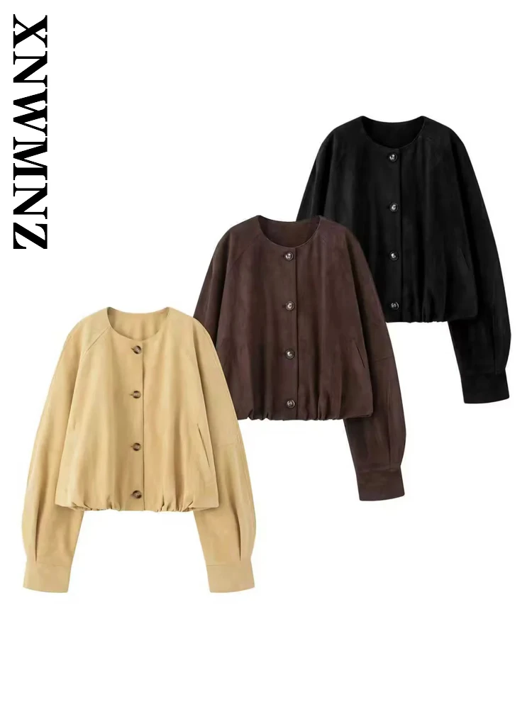

XNWMNZ 2025 Spring Woman's Commuting Chic Long Sleeve Long Sleeve Top Casual Simple Lady O-Collar Fashion Leather Jacket Pockets