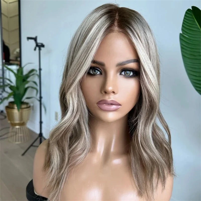 

Новый короткий волнистый боб 13x4 Ombre Blonde Brown Balayage Lace Front Wig с темными корнями Бесклеевой парик Премиум-парик из смеси человеческих волос