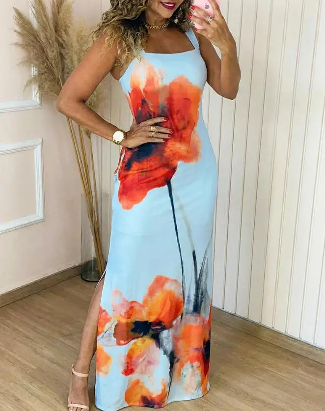 

Women's Dress Summer New Fashionable and Elegant Style Oil Painting Flower Print Square Neck High Waist Slit Suspender Dress