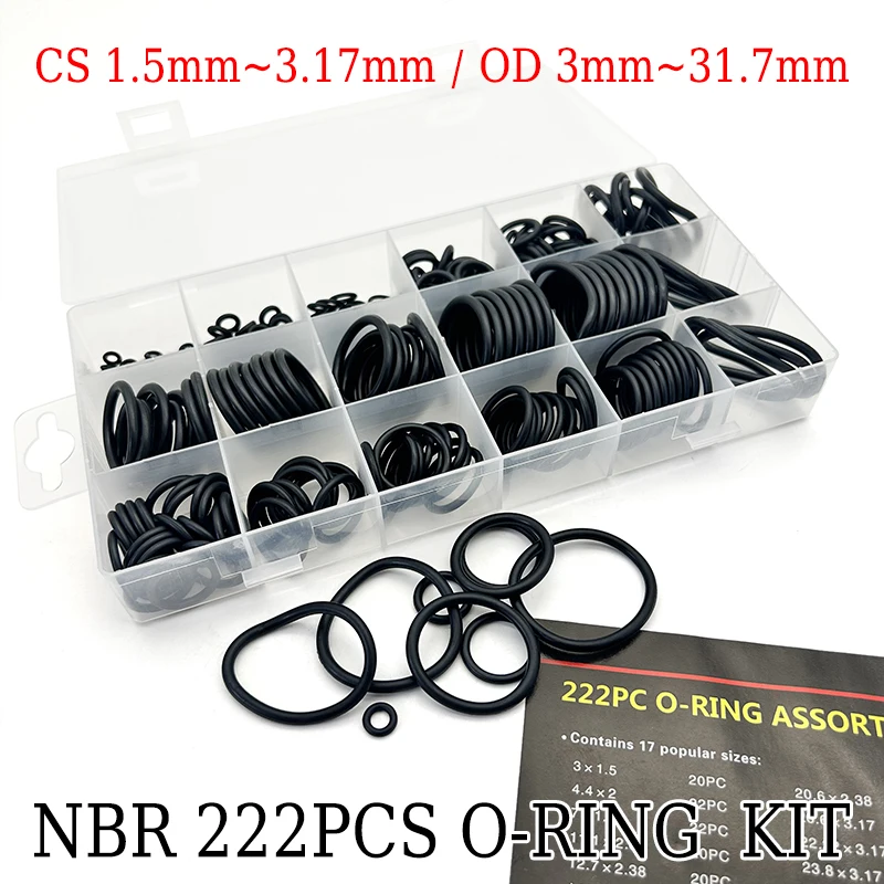 NBR Nitrile Rubber O-Ring Seal Kit 222Pcs Oil/Wear-Resistant Anti-Aging CS 1.5~3.17mm OD 3~31.7mm for Industrial & Household Use