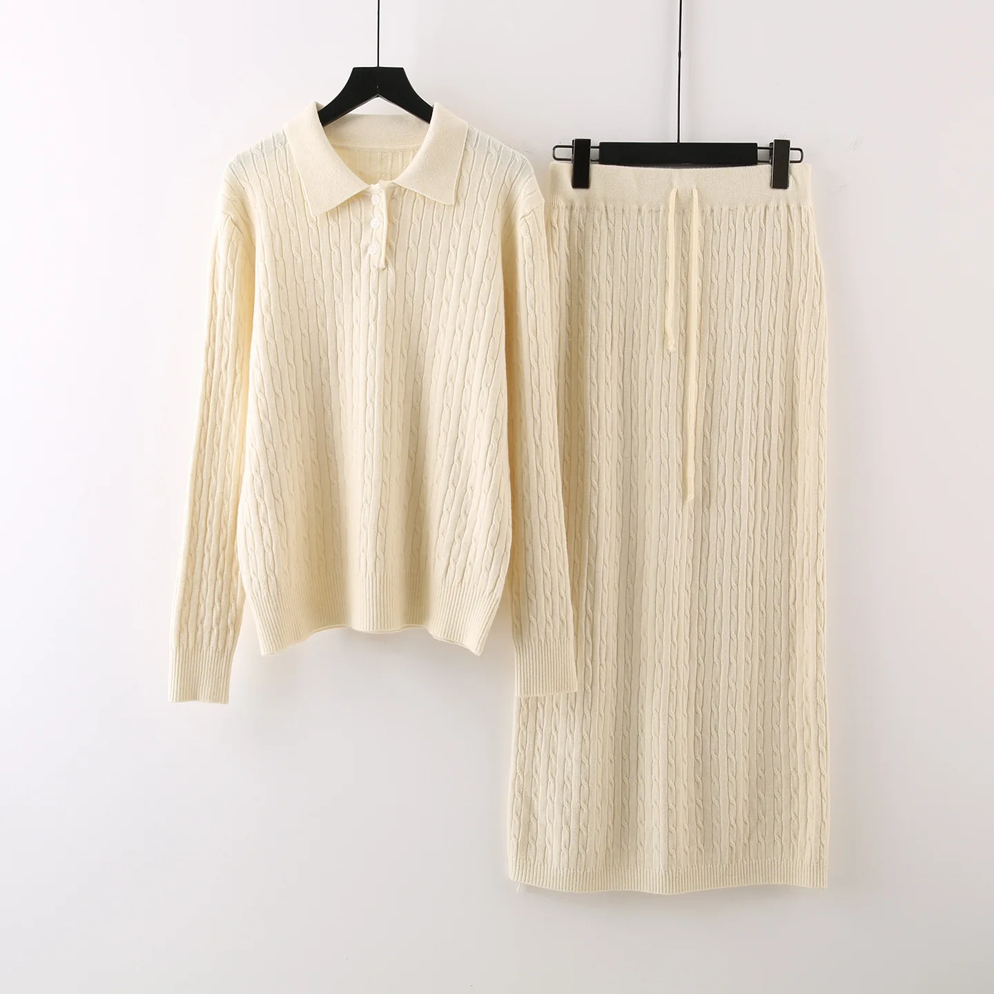ZAMOR Women Korean Preppy Style Loose Polo Collar Knit Sweater Set Autumn Winter Thick High Waist Long Skirt Two Piece