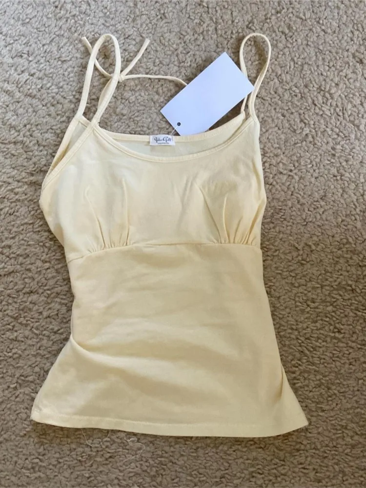 

New Yellow Back Lace-up Slim Tank Top Women Summer Casual Basic Cotton Sleeveless Vest Clean Girl Sweet Cute Simple Camisole Y2K