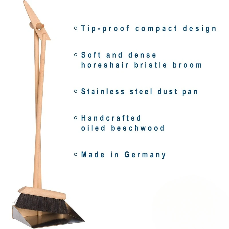 Horsehair Broom & Stainless Steel Dust Pan Set   Kitchen, Outdoor Use - Wooden Broom and Dustpan Set, Made in Germany