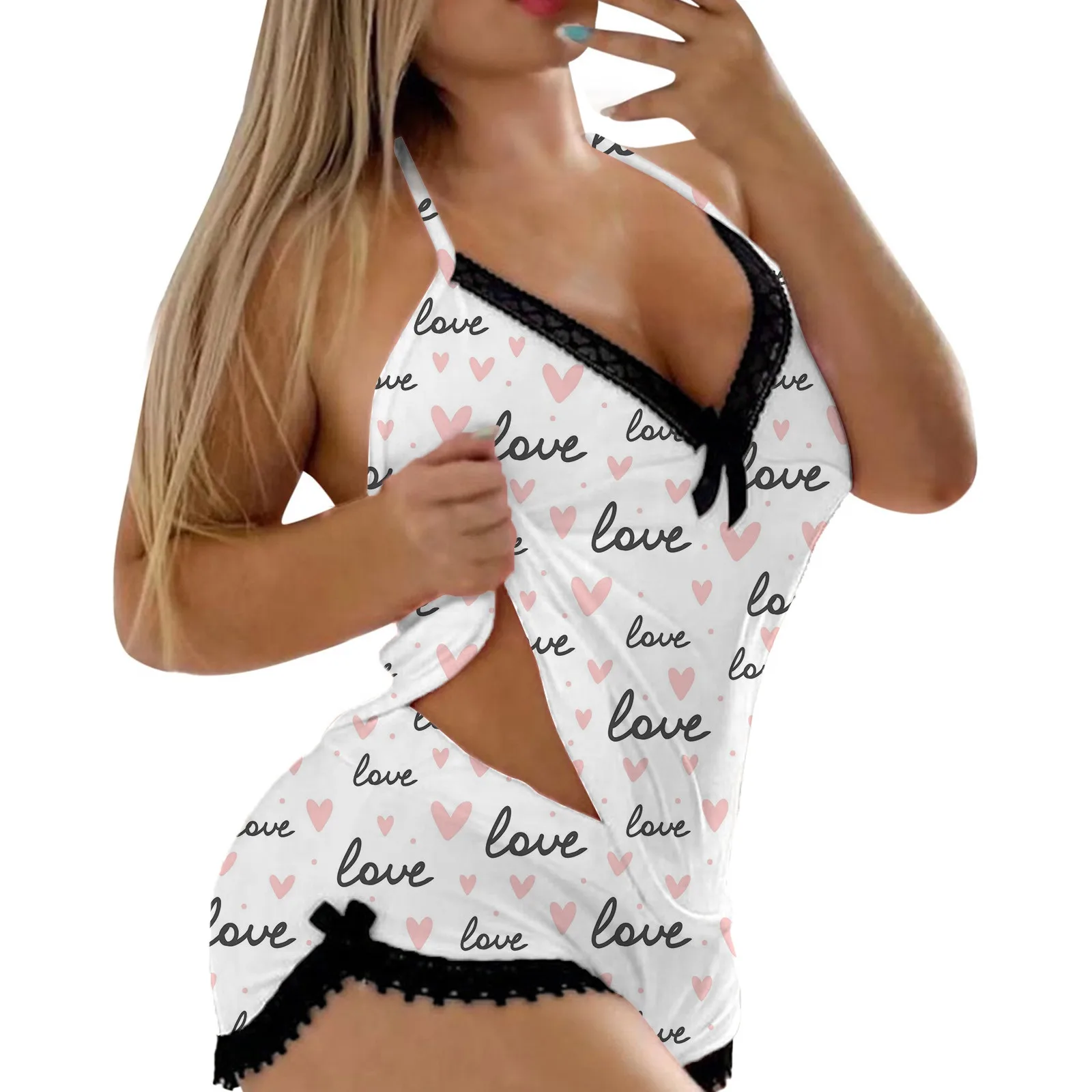 Valentine's Day Heart Print Sleeveless Halter Top and High Waist Shorts Pajama Set Women Sexy Lace Trim Bow Sweet Sleepwear