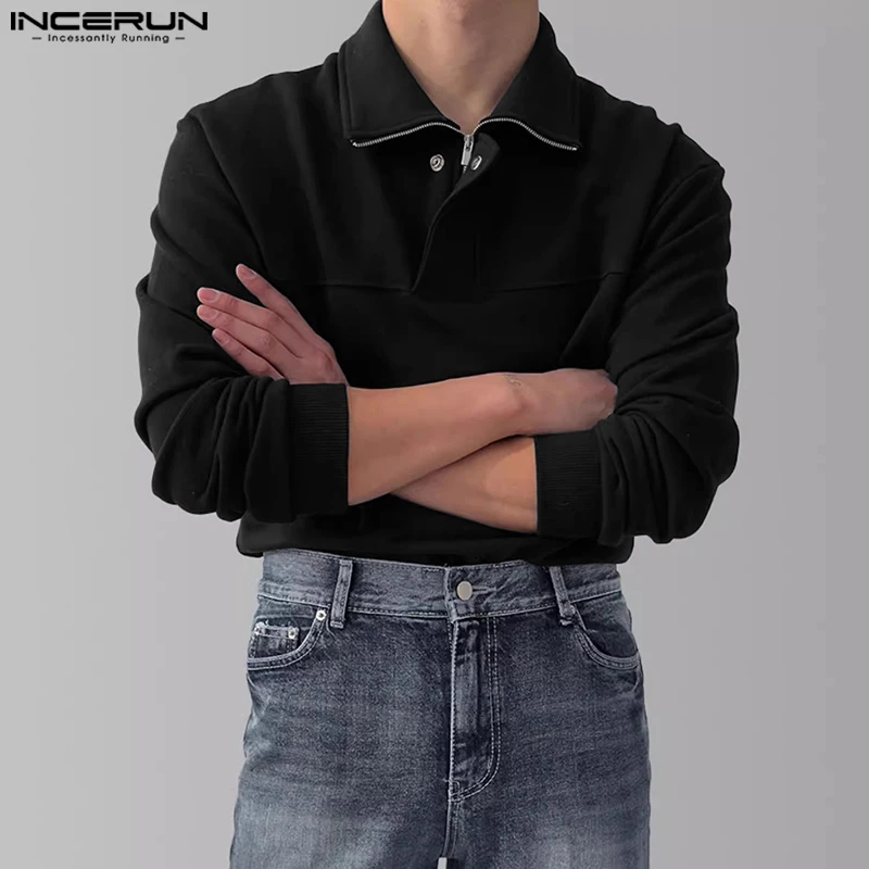 INCERUN New Men's Clothing Solid Simple Lapel Pullovers Leisure City Walk Male Autumn Hot Selling Long Sleeved Sweatshirts S-5XL