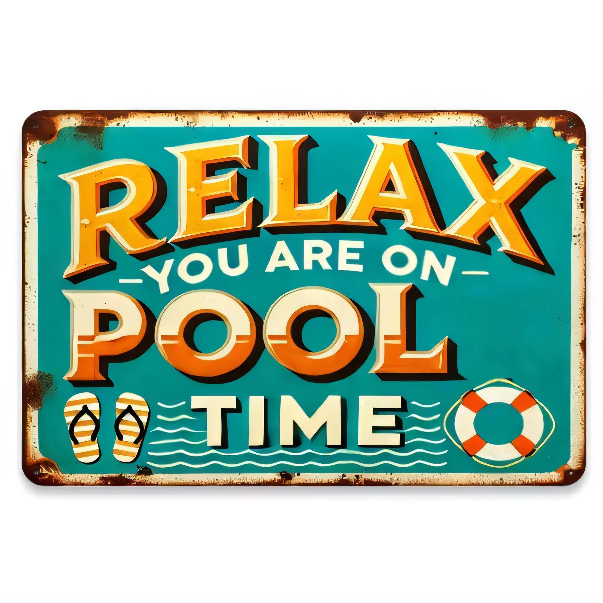 Tin Sign Relax You Are On Pool Time Funny Beach Party Metal Vintage Wall Decor 12x6  Retro Home Bar Garage Cottage Cottagecore G