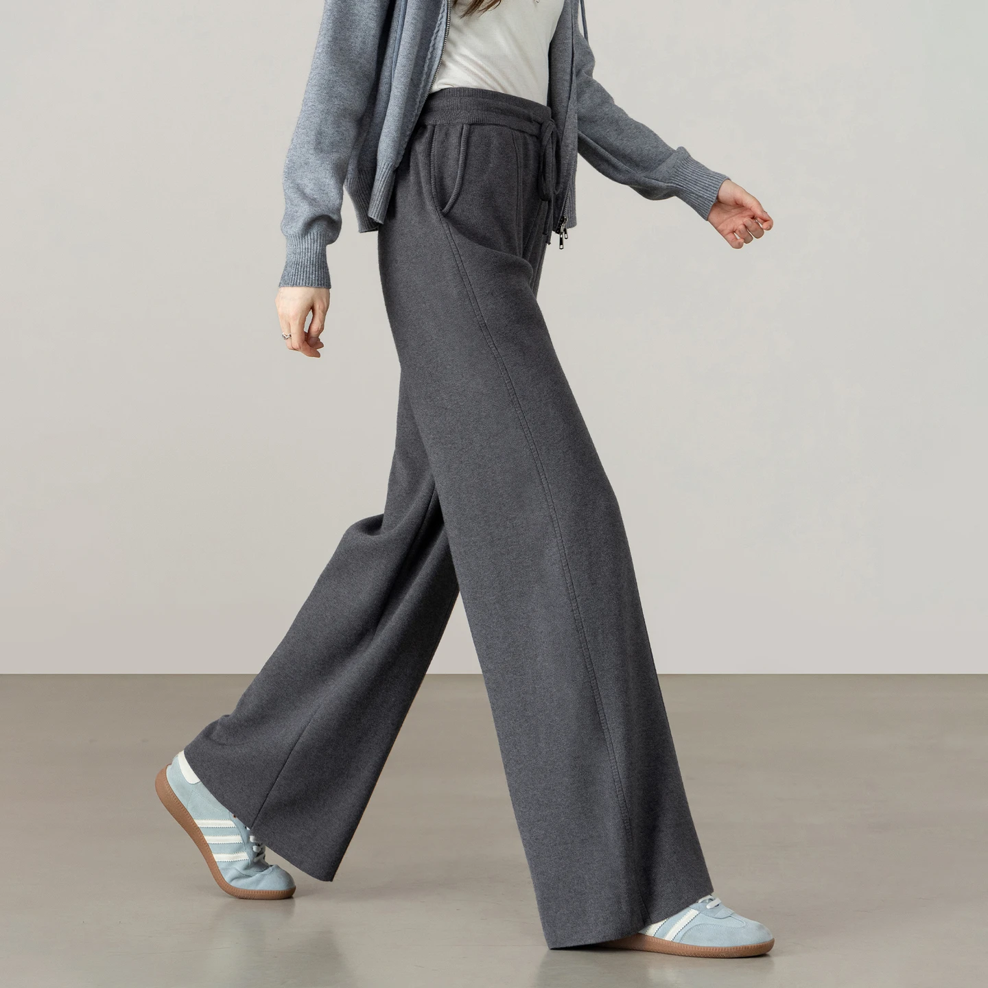 SENTUBILA Women's Pants 2026 High Waist Autumn Winter Thick Knitted Long Trousers Casual Commute Gray Wide Leg Pants W64KD9163