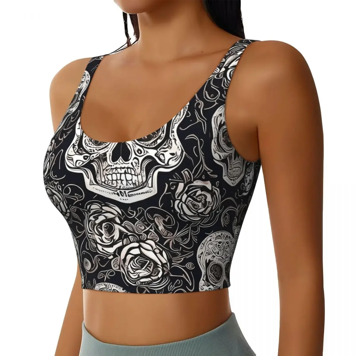 Custom Copy Of Sugar Skull Day Of The Dead Neon Sugar Skull Women Sports Bra High Impact Vest Gym Workout Yoga Crop Tank Tops