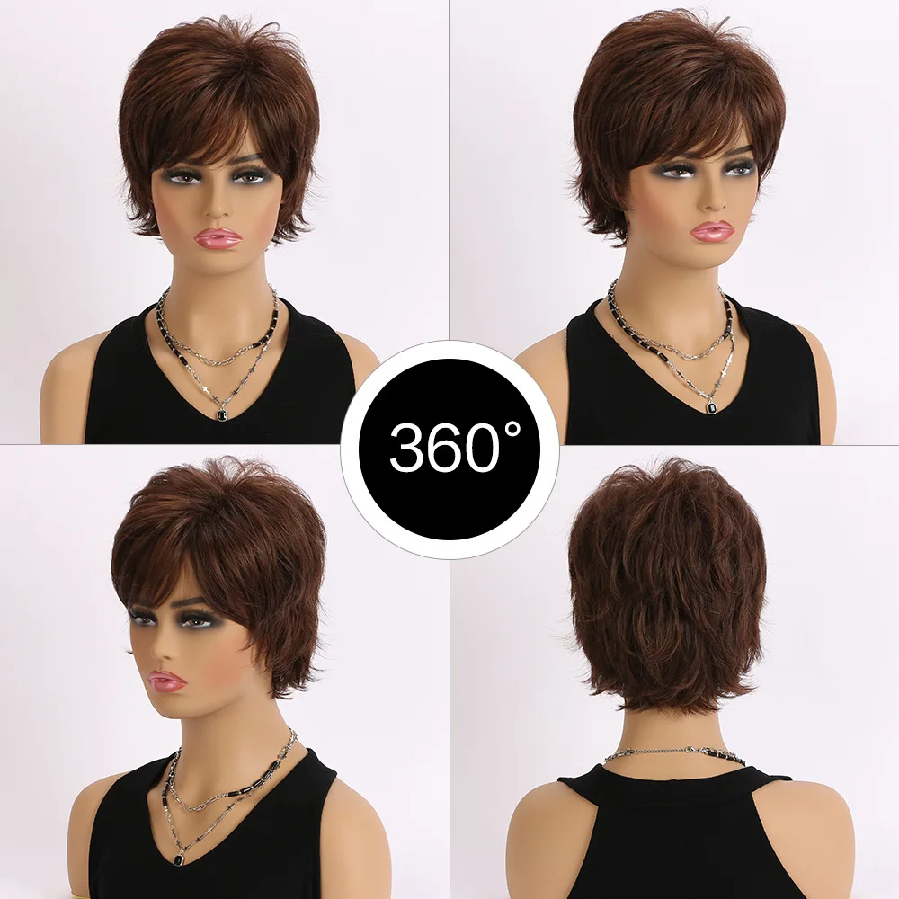 Synthetic Hair Short Curly Wigs for Women Dark Brown Wig with Bangs Realistic Looking Daily Party Use for Mommy Wig