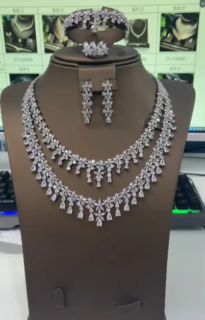 Dubai Double layered Luxury Bridal Wedding Cube Zirconia Jewelry Set, Necklace and Earring Set