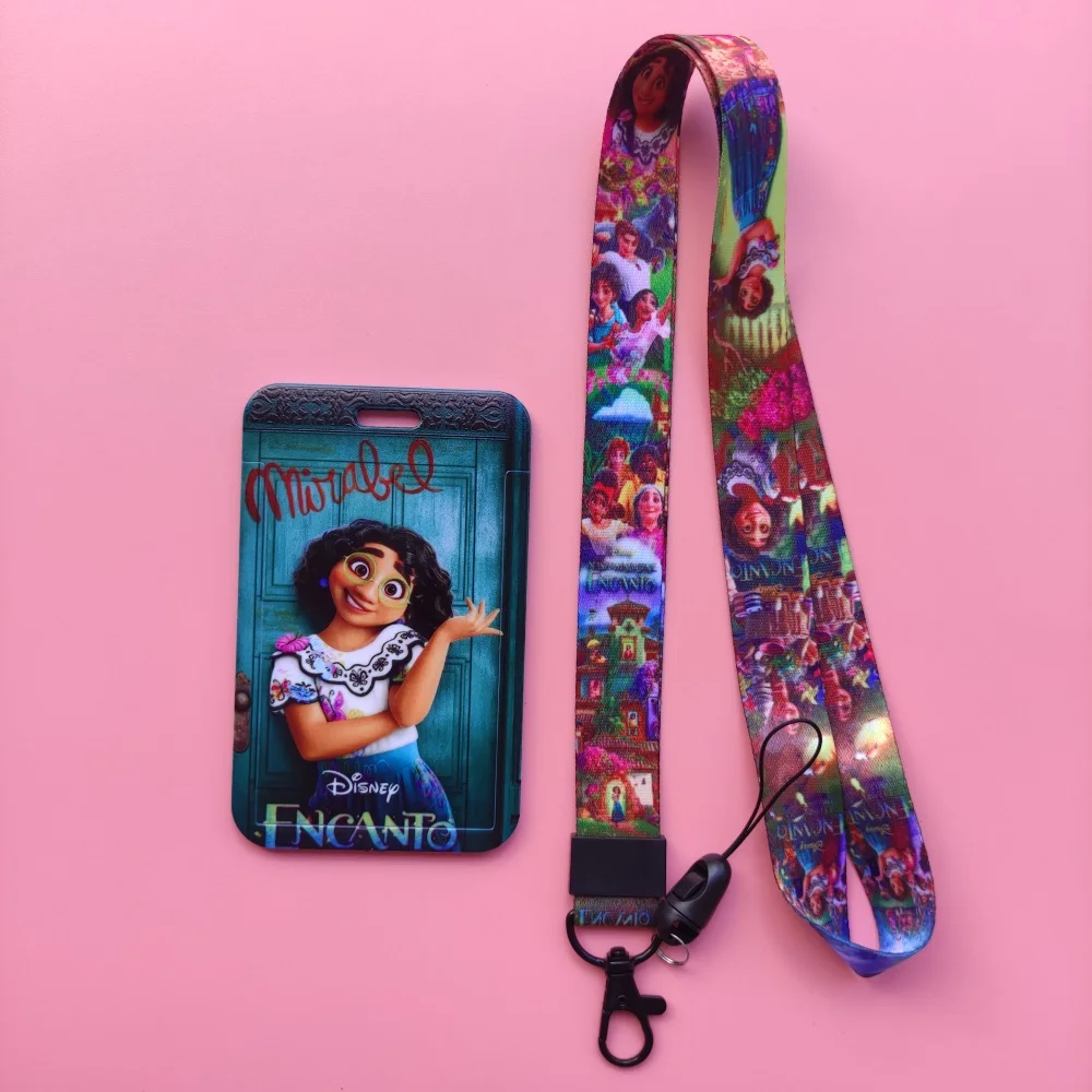 Smycze etui na karty Disney Encanto kobiety etui na karty smycz na szyje uchwyt na identyfikator dziewczyny na wizytówki zwijany kabel