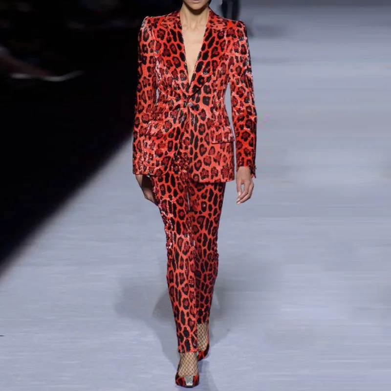 High-End Women Velvet Set 2025 New European American Runway Professional Leopard Print Suit with Skinny Pants Two-Piece Set
