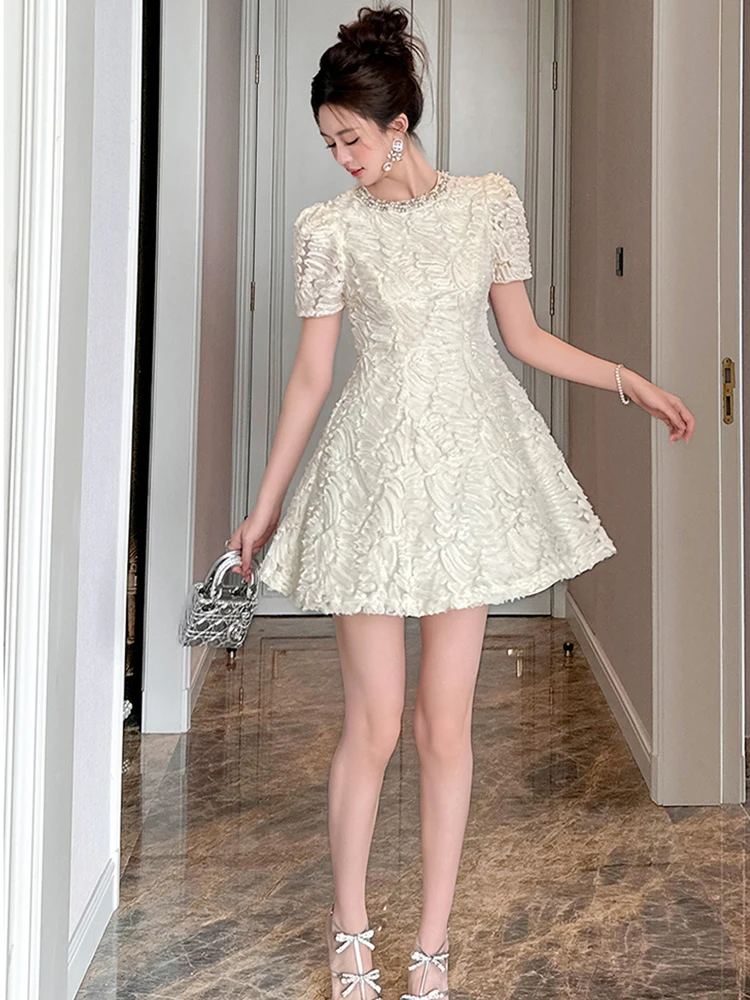 Women Clothes Evening White Lace Sequin Pearl O-Neck Slim A-Line Mini Short Dress Elegant Luxury Lady Fashion Party Prom Vestido