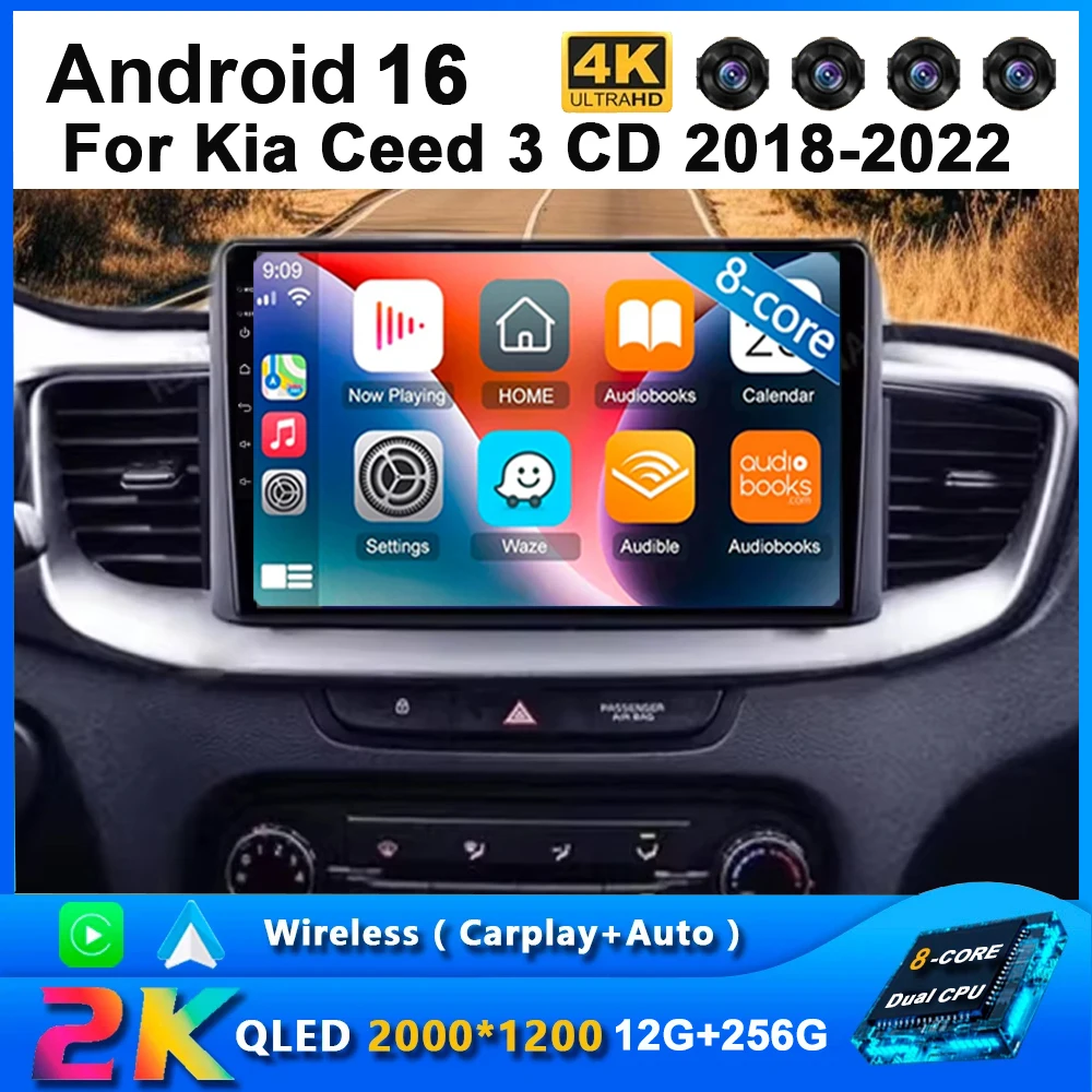 Android 16 Car Radio Carplay+Auto For Kia Ceed 3 CD 2018 2019 2020 2021 2022 Navigation GPS Multimedia Video Player Stereo WiFi