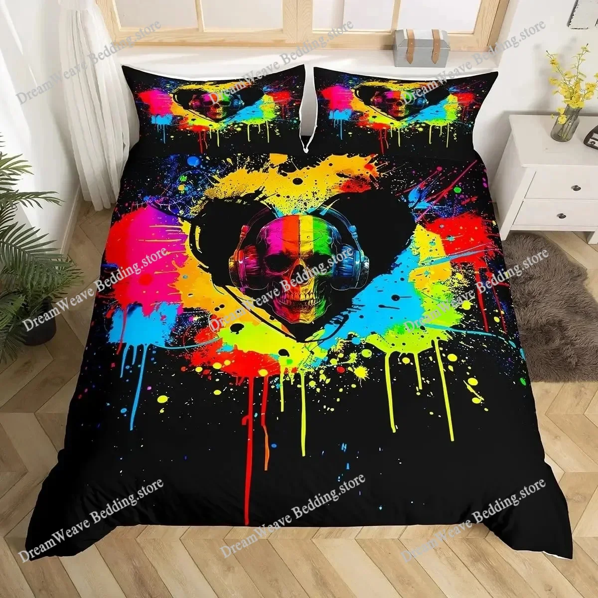 

Sugar Skull Duvet Cover King, 3D Skull Bedding Set For Boys Girls, Bones Skeleton Blue Roses Comforter Cover With Pillowcases