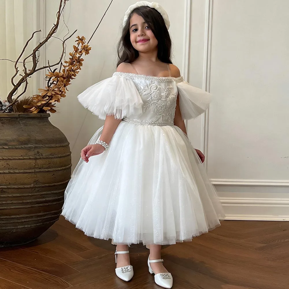 

Puff Sleeves Birthday Dress Beads Lace Flower Girl Dresses A-line Dress For Girls Ivory Girl Princess Dress Shinny Kids' Dresses