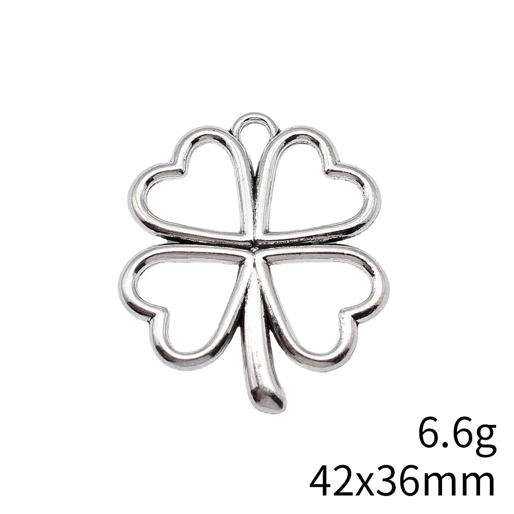 WYSIWYG 5pcs 42x36mm Antique Silver Color Big Hollow Heart Four-Leaf Clover Charms Pendant For DIY Jewelry Making