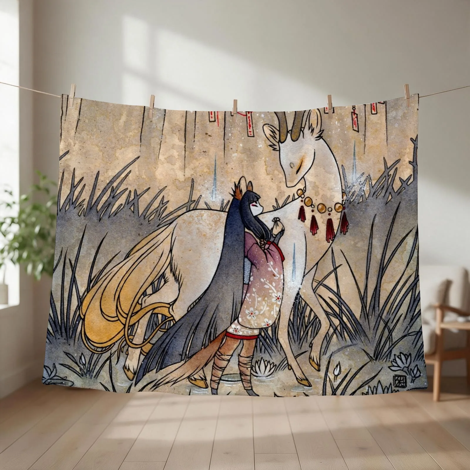 The Meeting of the Fox and Wish Spirit Throw Blanket Plaid Single Picnic Kid'S Blankets