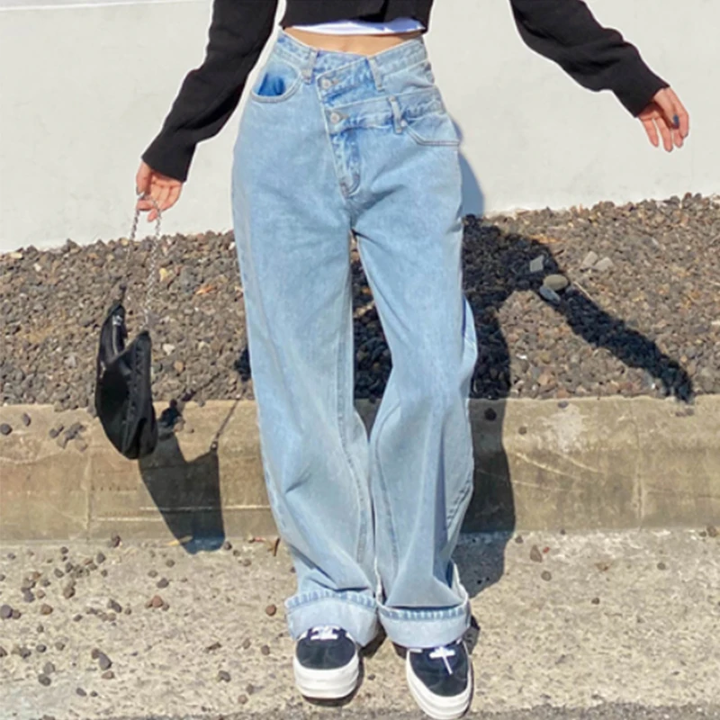 

Casual Vintage High Waist Asymmetric Two Button Wide Leg Jeans Women's Spring Faion Chic Sle Long Pants Ladies Jeans