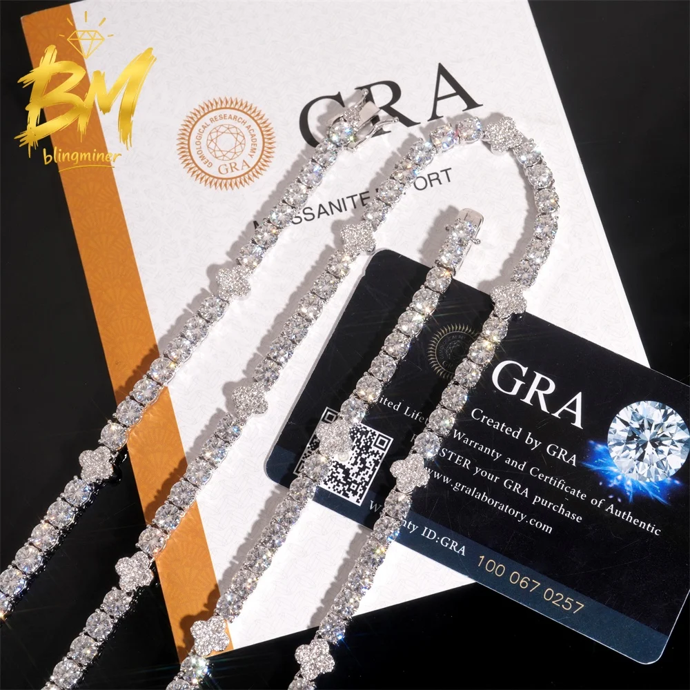 Blingminer 5mm VVS Moissanite Tennis Chain Iced Out Necklaces For Men S925 Silver Pass Diamonds Tester Free Shipping