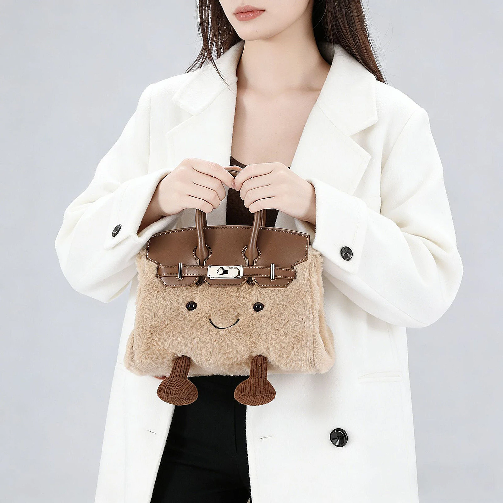 Women Girls Plush Handheld Shoulder Bag Adjustable Strap Cartoon Fashion Fluffy Handbag for Travel Work  Daily Use