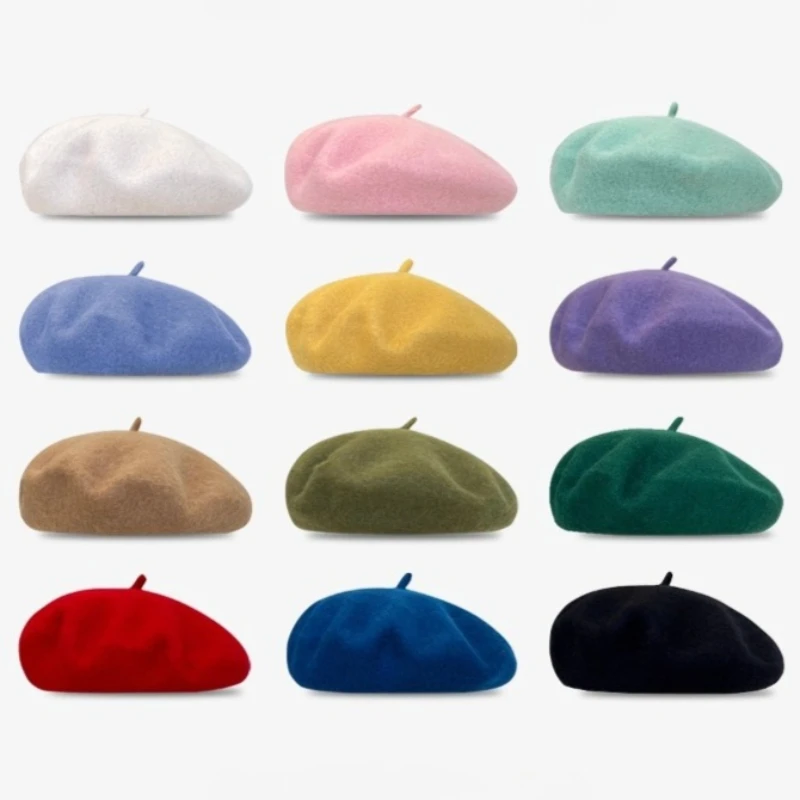 Winter Vintage warme Wolle schlichte Baskenmütze für Frauen Mädchen Künstler Mode schwarz rot Mützen lässig solide Hut Caps Retro Kürbis Baskenmützen