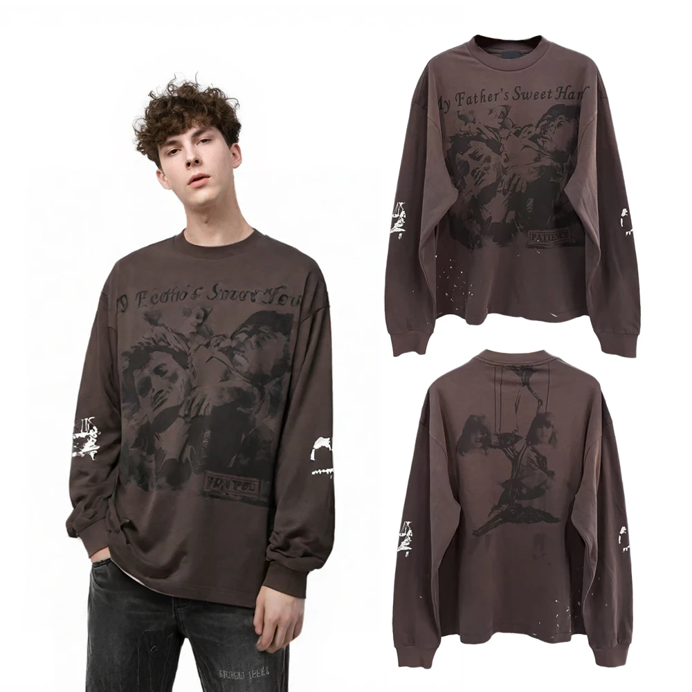 Streetwear Subculture Graphic T Shirts Hip Hop Street Style Cotton Distressed Ripped Dot Print Casual Clothing Full Sleeved Tees