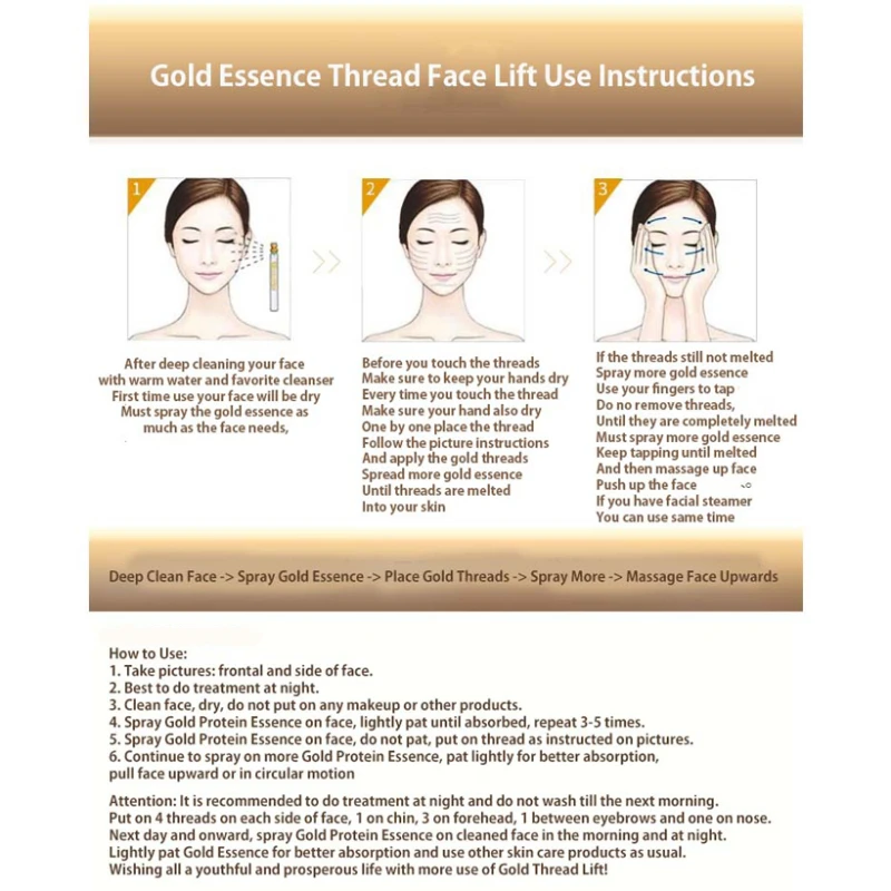 1pcs Gold 24k Facial Serum for Anti-Aging Firming Face Lifting Threads Collagen Facial Tensioners Threads Face Care Lift