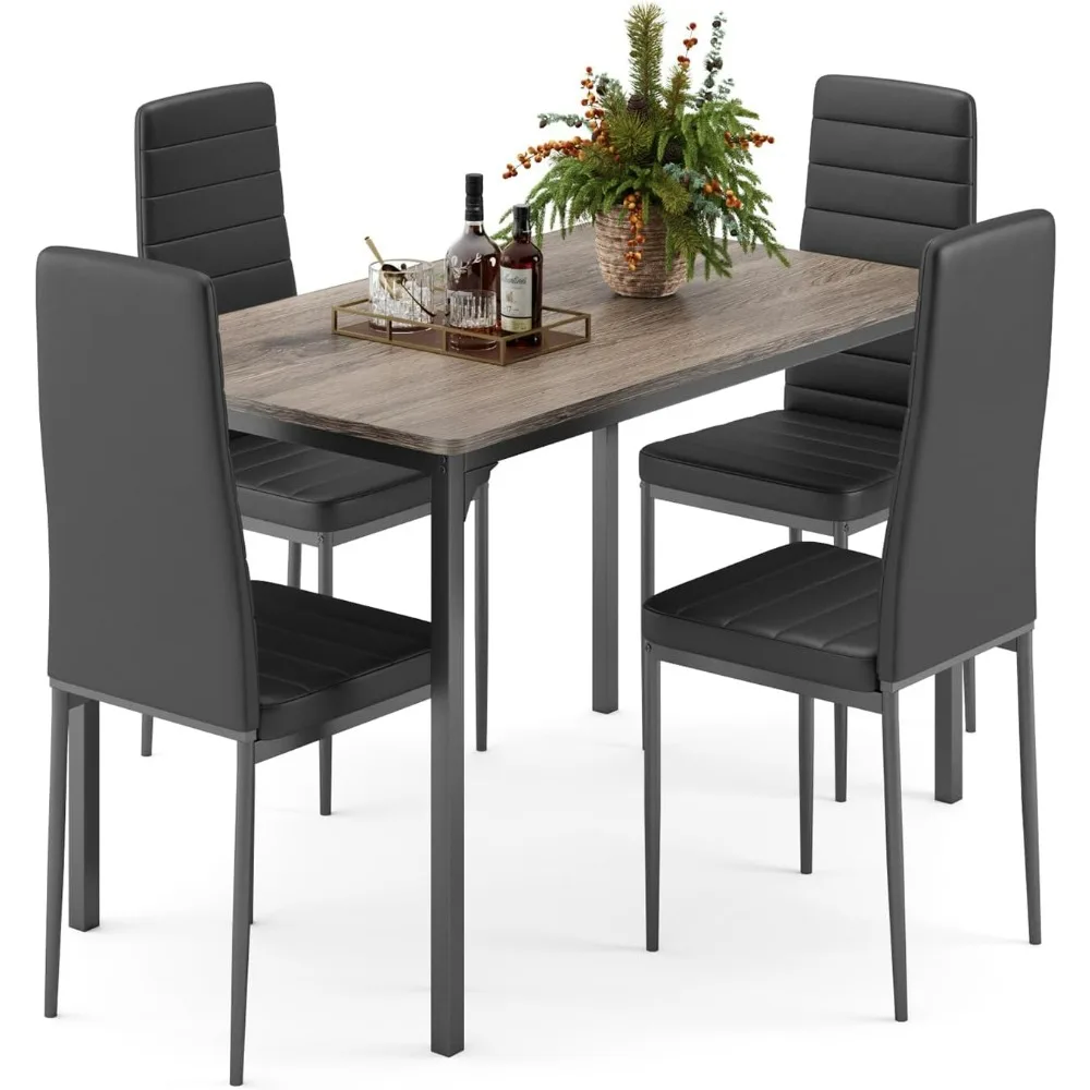 Dining Table Set for 4, Kitchen Table Chairs Set of 4, 5 Piece Kitchen Table Set with 4 Upholstered PU Leather Chairs