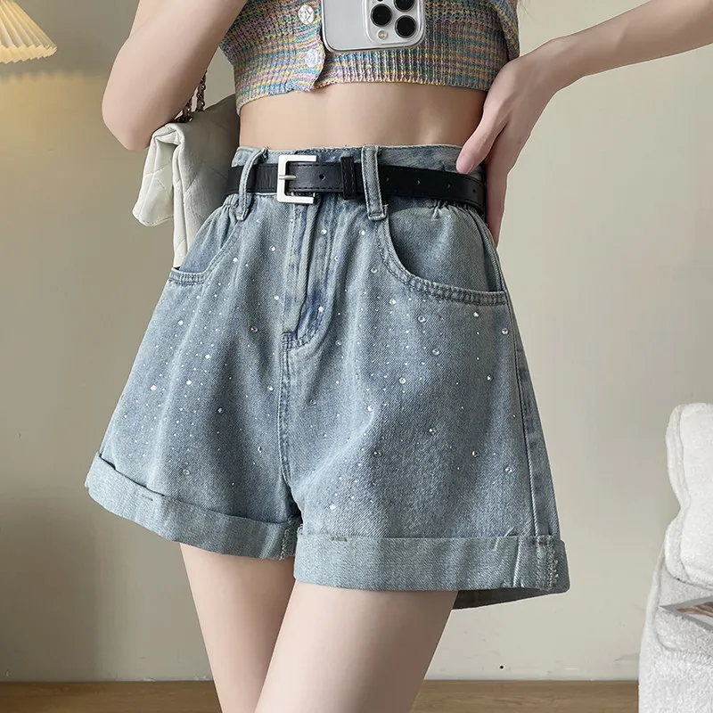 Ideal Gift For Women Rhinestone Denim Shorts High Waist Roll Hem Casual Summer Pants With Belt Birthday Holiday Present