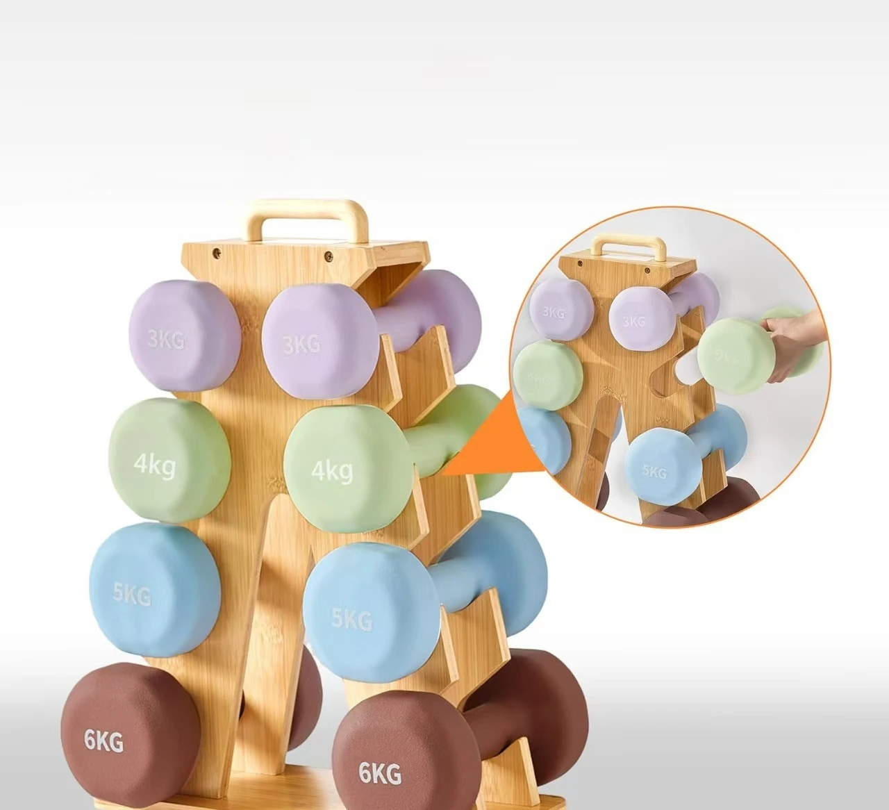 Wooden gym, exercise supplies, storage rack, dumbbell storage, finishing rack, push-up bracket storage.