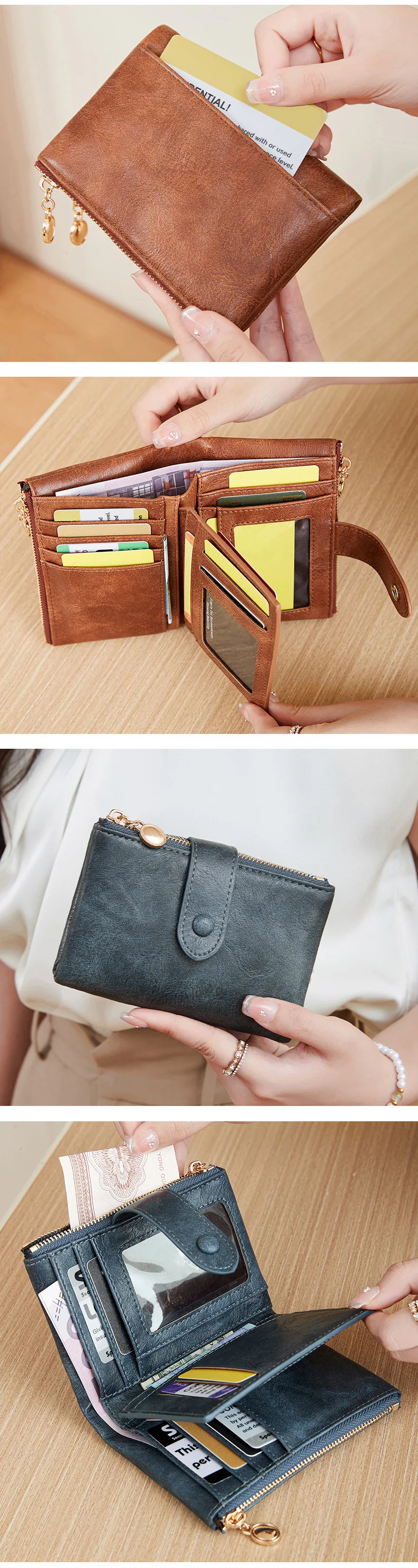 Minimalistische Damen-Geldbörse, kurz, dreilagig, großes Fassungsvermögen, Doppelreißverschluss, Kartenhalter, Ausweis, Kreditkartenetui, Geldbeutel – Detail 7