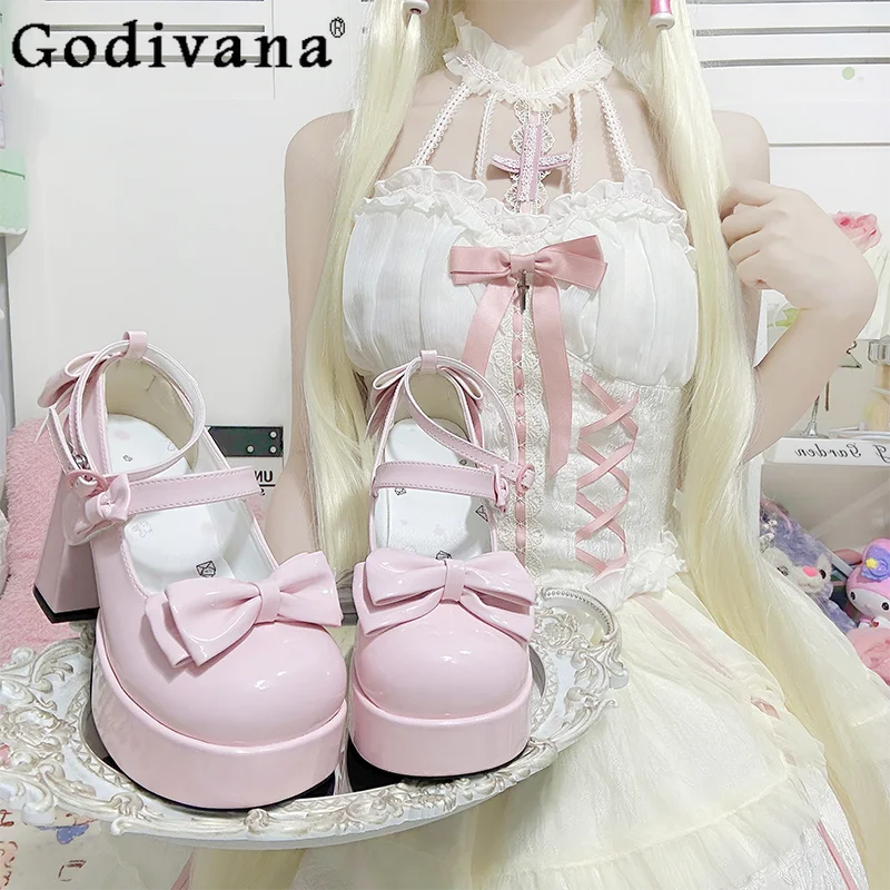 

Japanese Girl's Pink Lolita Mary Jane Shoes Women's Sweet Elegant Bow Lo High Heel Spring and Summer Princess Style Lolita Pumps