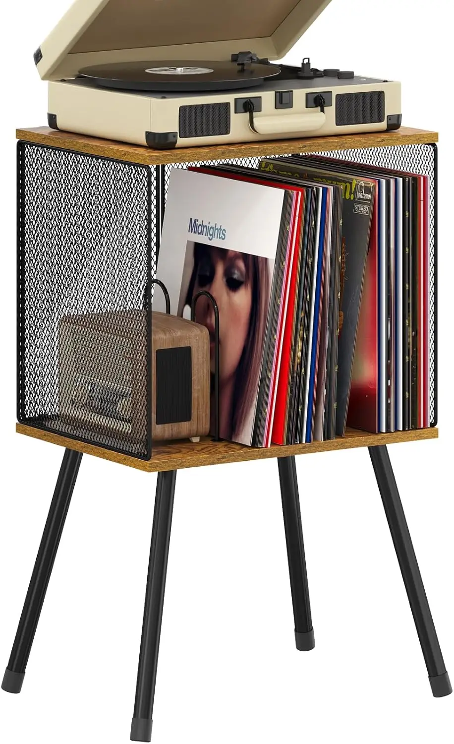 

Retro Vinyl Record Stand with Storage for up to 100 Albums, Adjustable Divider and Organizer for Living Room or Bedroom