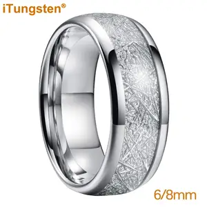 His and Hers outlets Tungsten Wedding Band Set, Meteorite Inlay, 6mm & 4mm Silver Tungsten Rings, Comfort Fit, Polished, Dome, Couples Ring