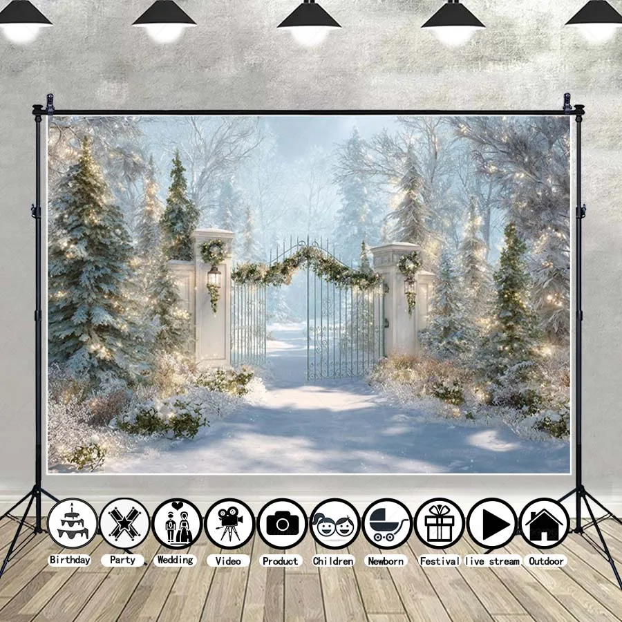 

MOON.QG Winter Garden Door Photo Background Wreath Archway Xmas Trees Backdrops For Photography Newborn Decoration Portrait Wall