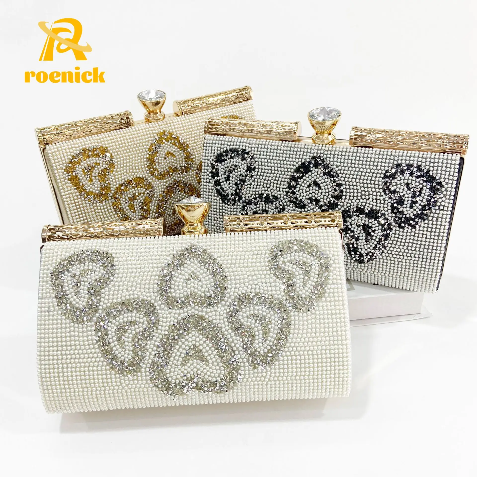 

ROENICK Women's Love Pearl Evening Bags Female Party Luxury Designer Rhinestone Handbags Purses Beaded Chain Mini Day Clutch